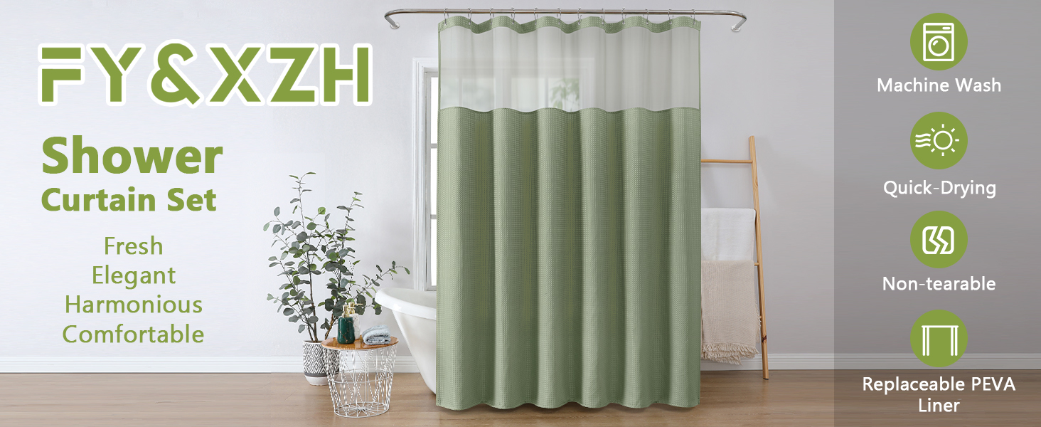 Шторка для душу з тканини Вафле, зелена, 183x183 см, з гачками, водонепроникна, для готелю