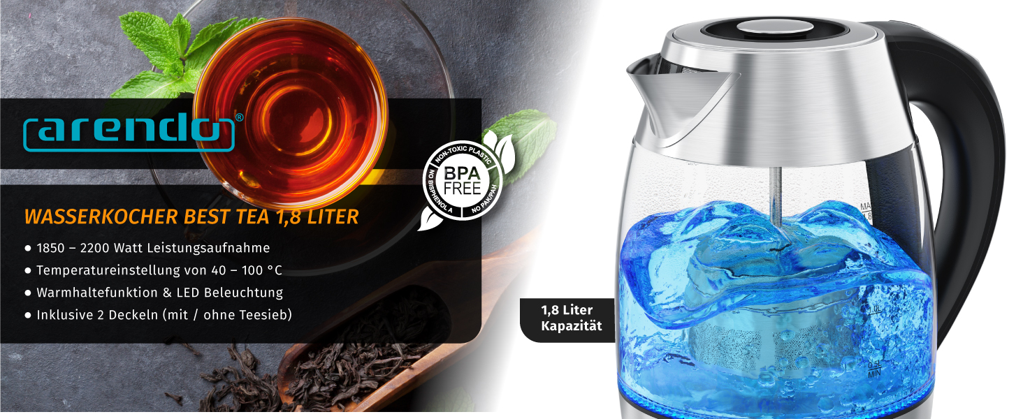 Електричний чайник Arendo зі скляною колбою, регулюванням температури, нержавіючою сталлю, LED-підсвічуванням, 2200 Вт, 1.8 л, 2 кришки (з та без сита для чаю), фільтр від накипу, функція підтримки тепла