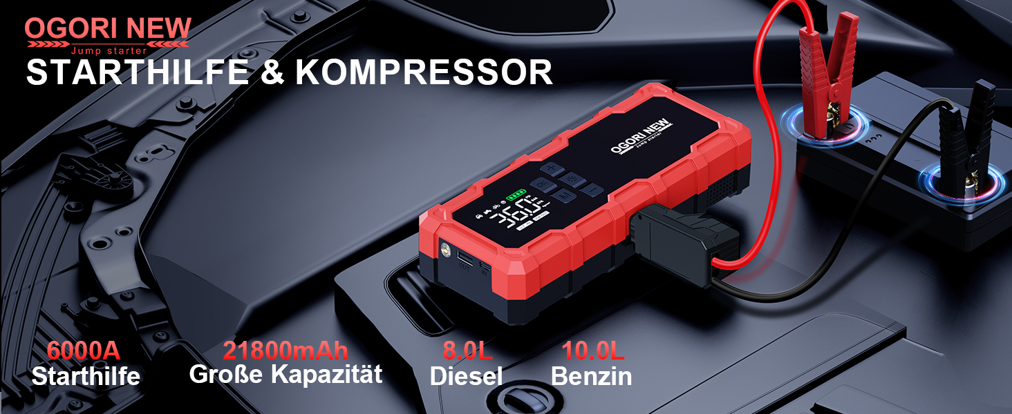 Powerbank Starthilfe з компресором 6000A, 12V, для бензинових (8L) та дизельних (10L) авто, з LED-ліхтариком