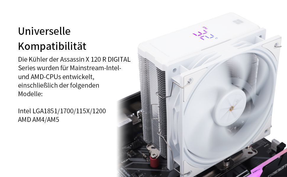 Thermalright Assassin X 120R Digital White - кулер для CPU з цифровим дисплеєм, 4 теплові трубки, PWM вентилятор, підтримка AM5 та Intel LGA1700/1851/1150/1151/1200