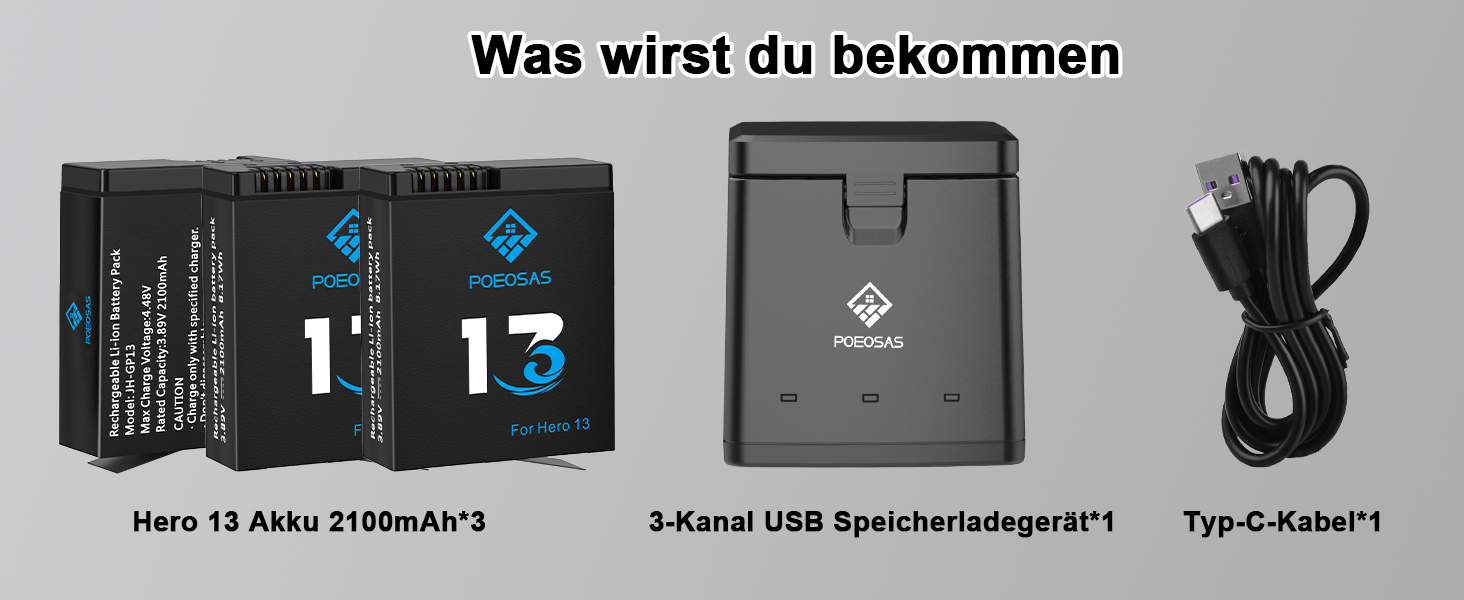 Акумулятор для GoPro Hero 13 Black, 2100mAh, 3-Pack з LED USB-C зарядним пристроєм, сумісний з GoPro Hero 13 Enduro