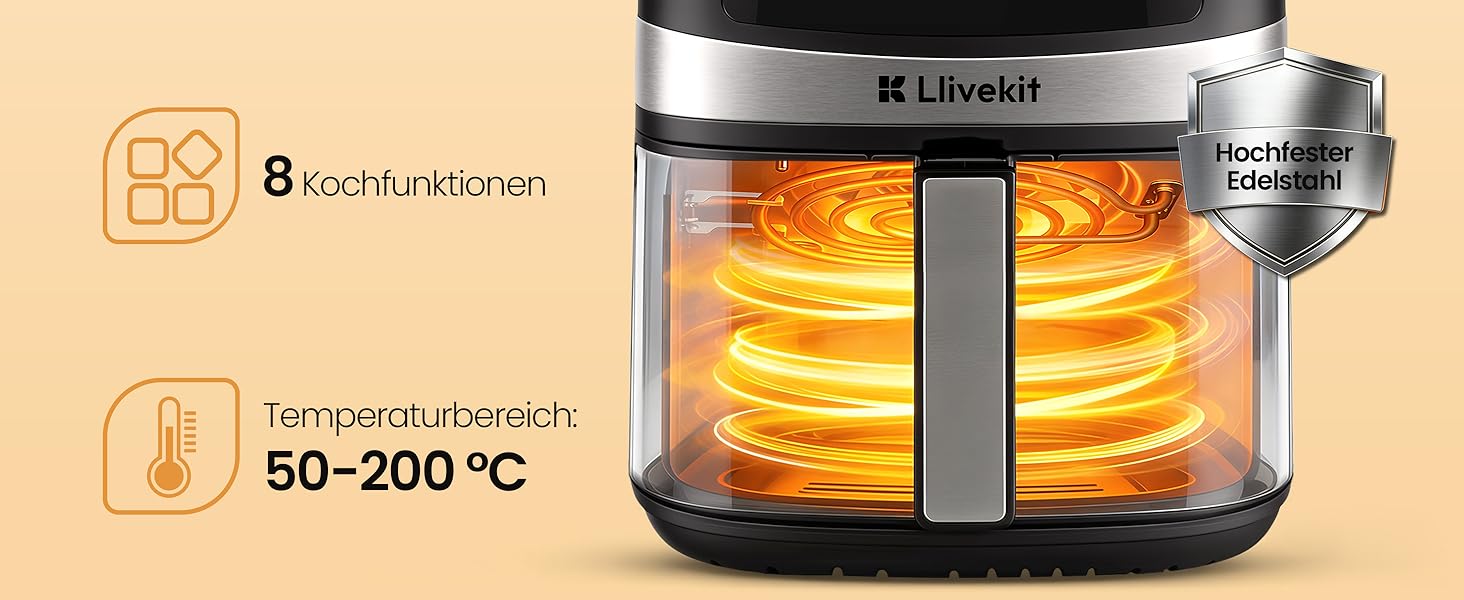 Аерофритюрниця LLIVEKIT 7л з оглядовим вікном, 8-в-1, чорно-срібна. Економія олії 95% та енергії 70%. З функцією підігріву.
