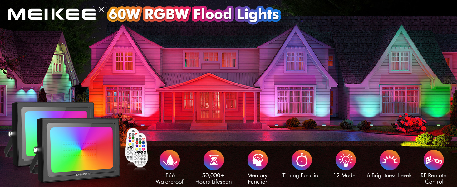 MEIKEE LED прожектор 60W RGB з пультом, 30 режимів, 10 кольорів, таймер, IP66, 6 рівнів яскравості, водонепроникний, для декору, вечірок, Нового року, Хелловіну, 2 шт.