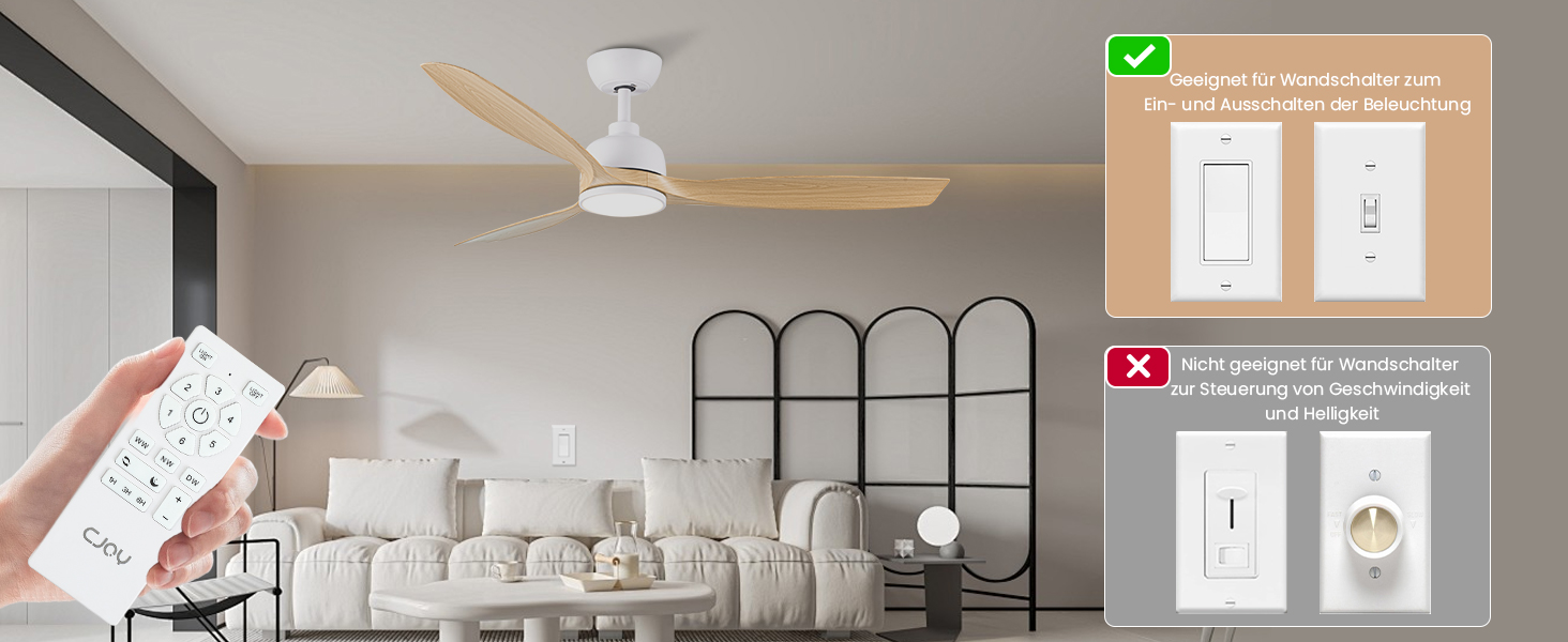 Стеляний вентилятор CJOY з підсвічуванням, 107 см, з пультом керування, DC, безшумний, з функцією зміни напрямку обертання, пам'ять 3CCT, регульована яскравість, 6 швидкостей, таймер для спальні (132 см, біле дерево)