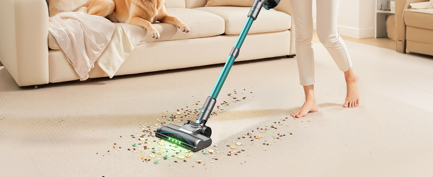 Бездротовий пилосос Dzaki 45000Pa з дисплеєм, антизаплутувальною насадкою та тривалою роботою для твердих поверхонь, килимів та шерсті тварин (блакитний)