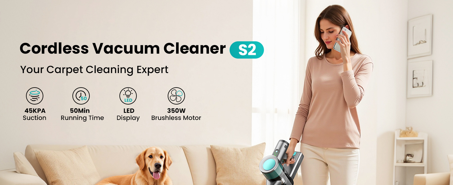 Бездротовий пилосос Dzaki 45000Pa з дисплеєм, антизаплутувальною насадкою та тривалою роботою для твердих поверхонь, килимів та шерсті тварин (блакитний)