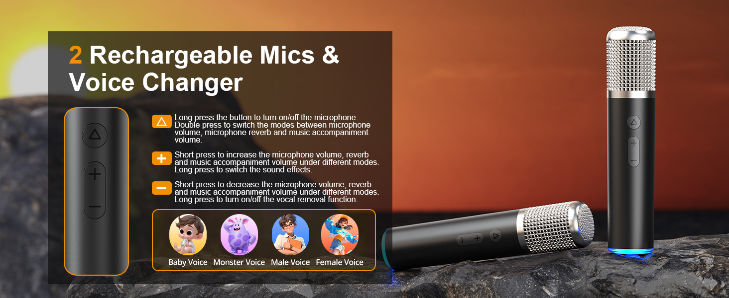 Портативна Bluetooth-колонка караоке з 2 бездротовими мікрофонами, RGB-підсвічуванням, регулюванням високих та низьких частот, ефектами голосу, AUX/USB/TF/OTG, 6.5 мм роз'єм, для вечірок (білий/чорний)