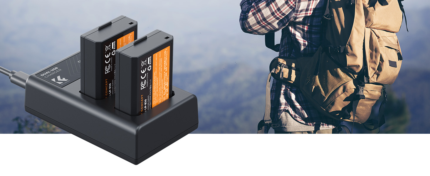 Акумулятор K&F CONCEPT LP-E10 (2 шт.) з подвійним зарядним пристроєм Micro USB/Type-C, сумісний з Canon EOS 1100D/1300D/1500D/1200D/X50