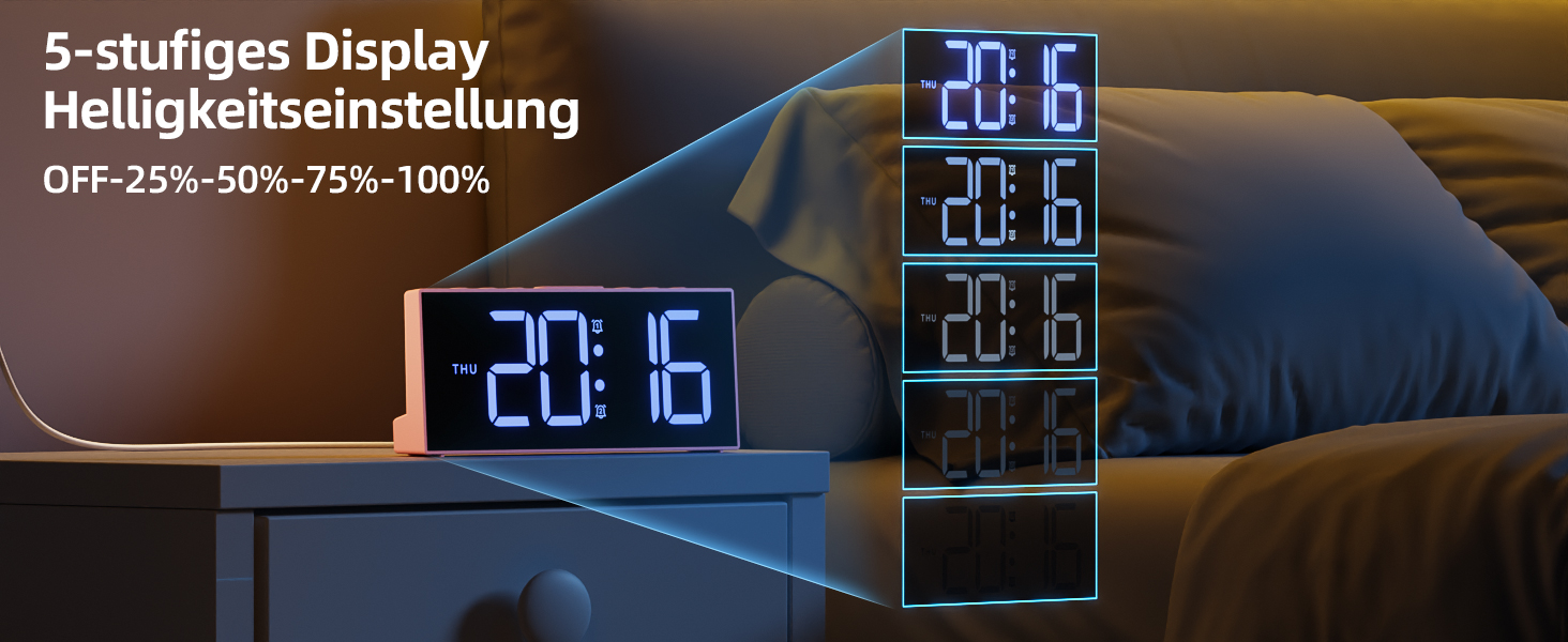 Цифровий будильник LATEC з 2 сигналами, функцією Snooze та USB-портом, 4 рівні яскравості, регулювання гучності, мережеве живлення (Рожевий)