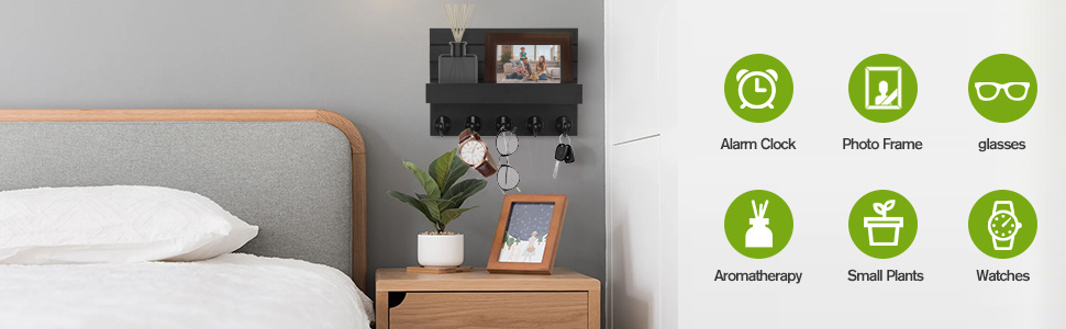 Дерев'яне ключниця на стіну з полицею, чорний колір, 5 гачків, для прихожої, спальні, вітальні