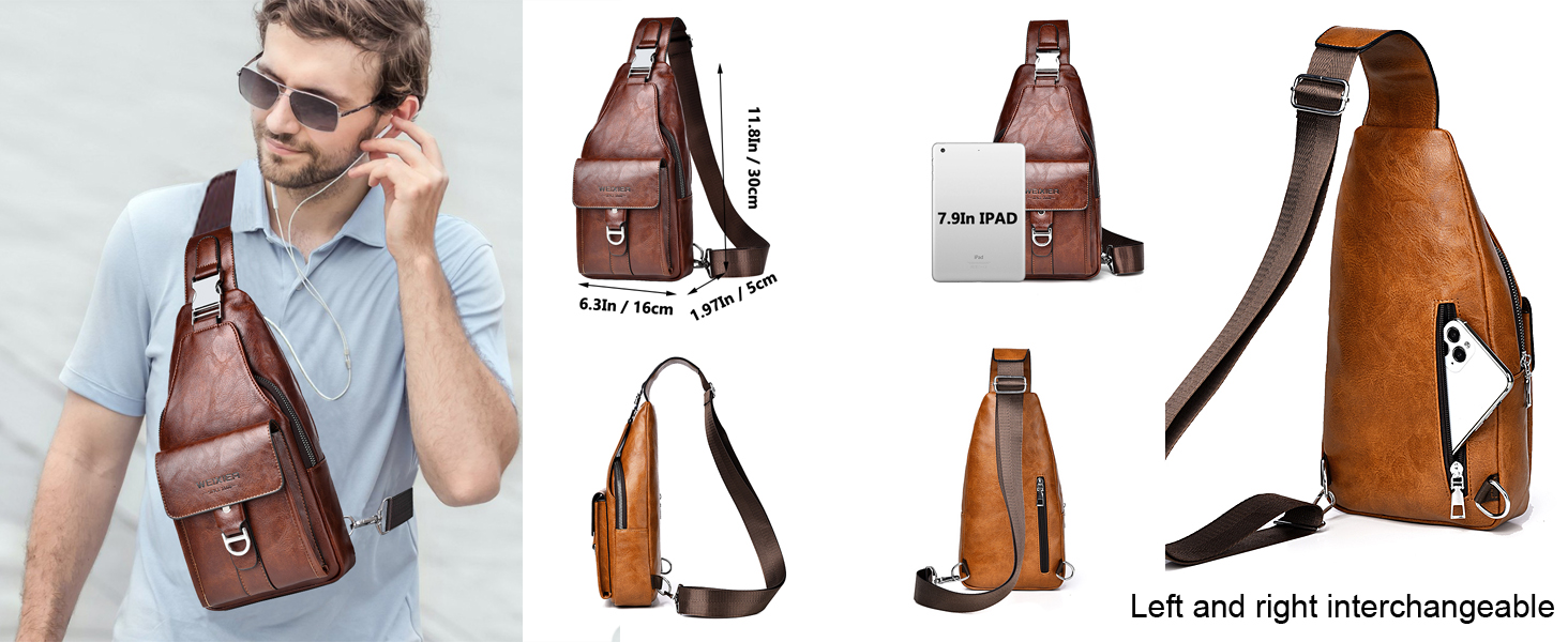Чоловіча нагрудна сумка через плече з PU-шкіри, водонепроникна, світло-коричнева
