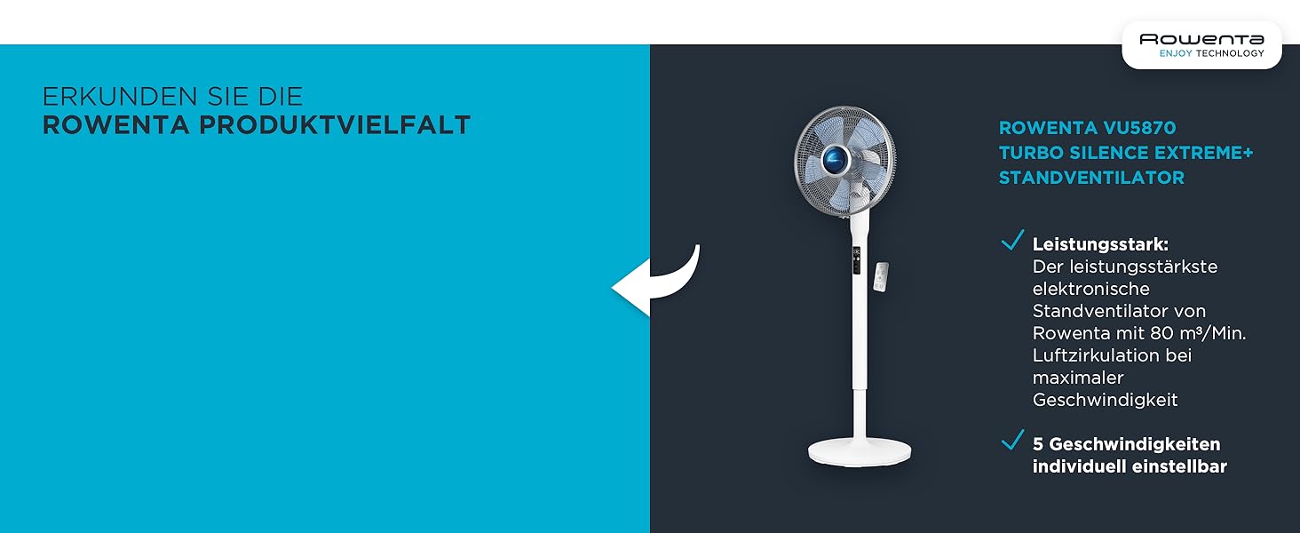 Вентилятор Rowenta Turbo Silence Extreme: тихий, потужний, з авто-обертанням, 4 швидкості, нічний режим, білий/чорний, VU5640 Hell