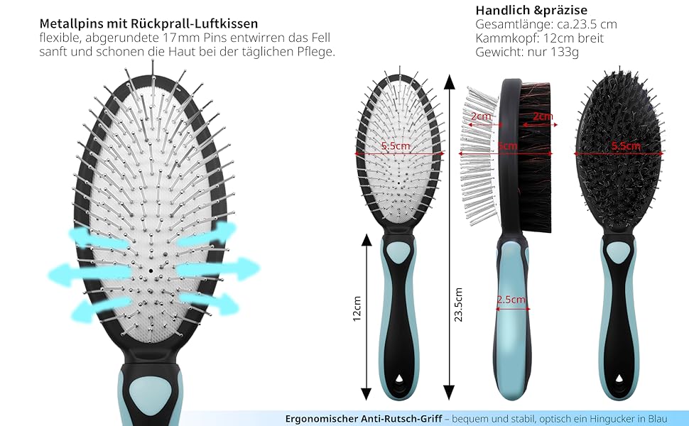 Двостороння щітка для собак та котів - розпушувач для довгої та короткої шерсті, металеві щетинки та натуральна щетина, ергономічна ручка TPR, м'який та ефективний догляд за шерстю (Синьо-Чорний)