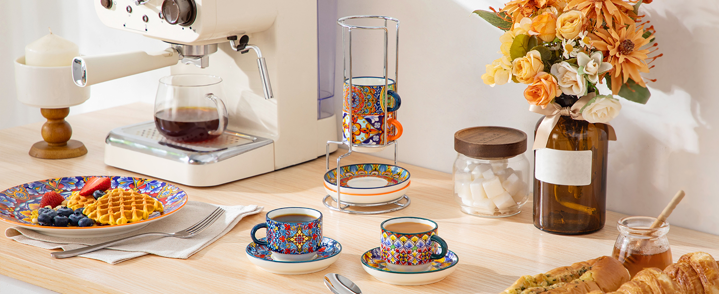 Набір чашок для еспресо Vancasso 4 шт., 150 мл SIMI, з підставками та стійкою, керамічні, для капучіно, еспресо, лате