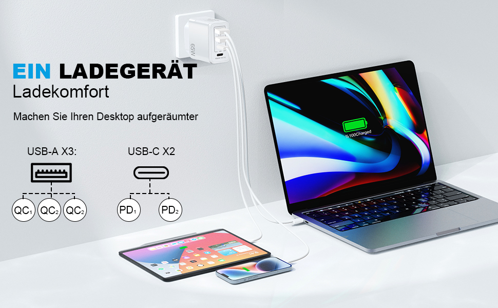 Мережевий адаптер AXFEE 65W 5-портовий з USB-C та USB-A, швидка зарядка PD 3.0 для iPhone 14 Pro Max 13, білий