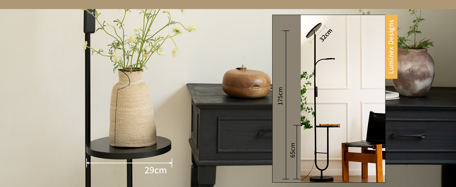 Стійка лампа LuminexDesigns з регулюванням яскравості, 36W+7W LED, 3200LM+600LM, 2700K-6500K, чорний колір. Сучасна підлогова лампа для вітальні з пультом дистанційного керування та функцією настільної лампи.