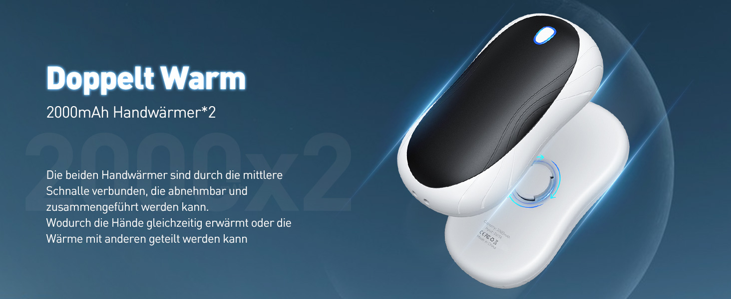 Електричні грілки для рук Cnkeeo 2 шт. з роздільним магнітним з'єднанням, Powerbank USB, 3 режими нагріву, для активного відпочинку, риболовлі, полювання, чорно-білі