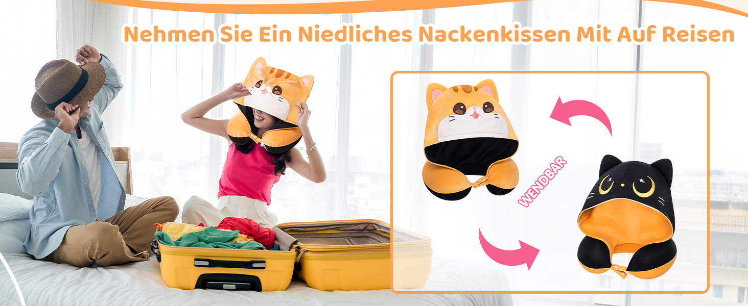 Подушка для шиї Mewaii для подорожей, двостороння подушка для дорослих, подушка для шиї з memory foam для літаків, обертова подушка для шиї з котячим капюшоном, регульований ремінь, чорний, перекидний