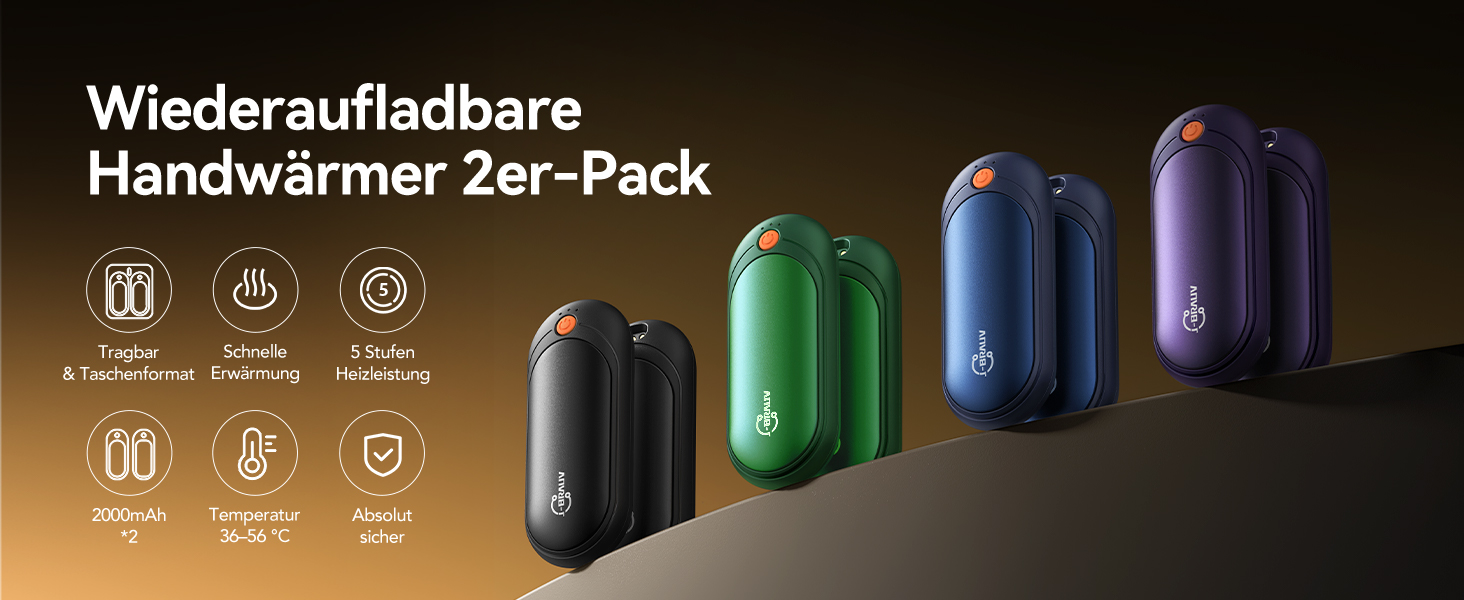 Електричні грілки для рук 2 шт. з акумулятором 2000mAh, зарядний пристрій 10000mAh, 5 режимів нагріву, USB, до 24 годин, для дітей, чоловіків, жінок, фіолетовий, компактний