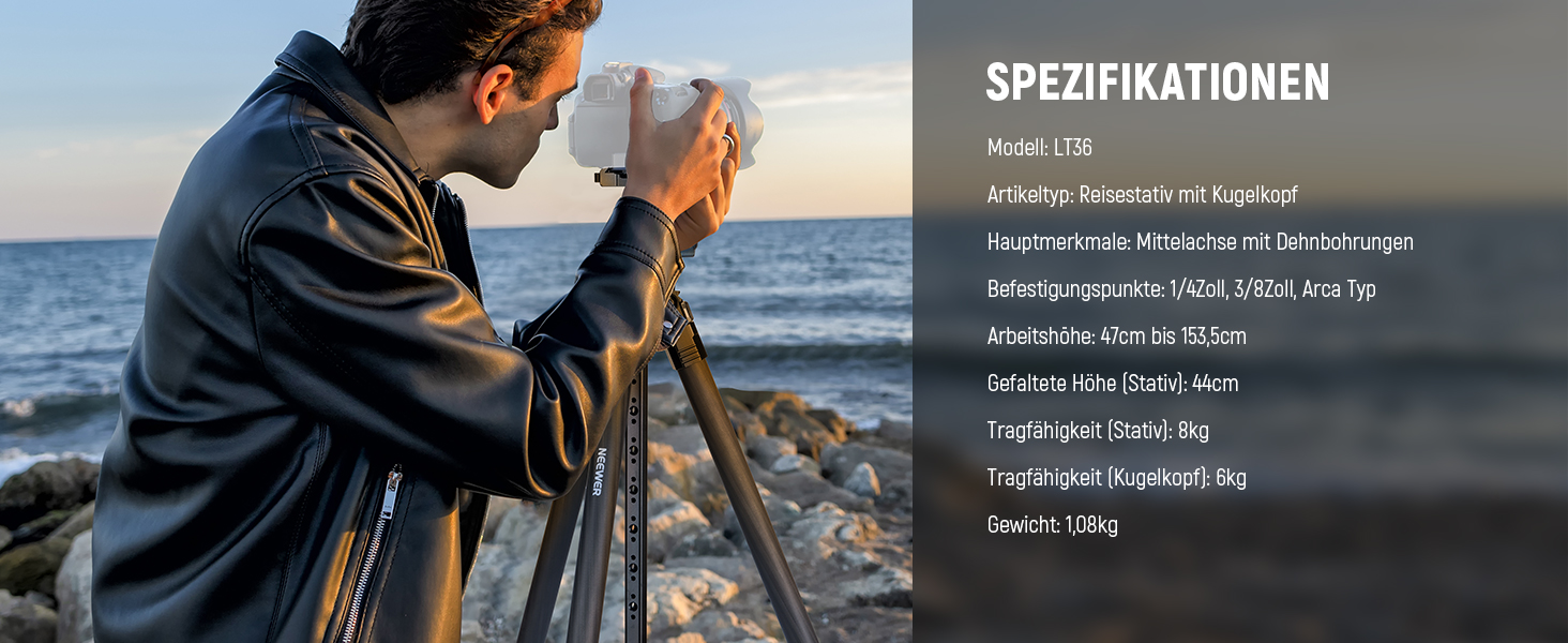 Карбоновий штатив Neewer LT36 (184 см) з кулястою головкою 360°, легкий трипід для відеокамер та фотоапаратів, Arca-Swiss QR-платформа, сумісність з Peak Design Capture V3