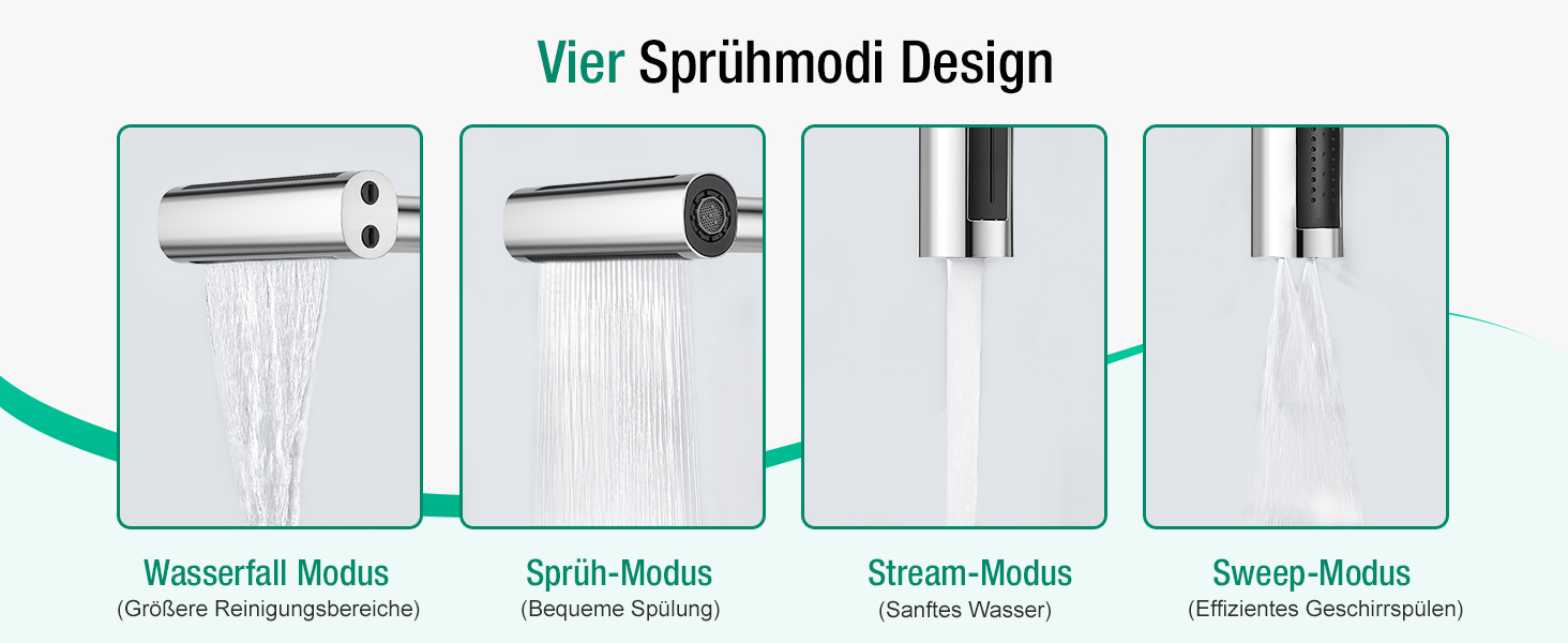 Кран кухонний водопровідний CREA Wasserfall висувний з дозатором мила, нержавіюча сталь, 360° обертання, 4 режими, хром