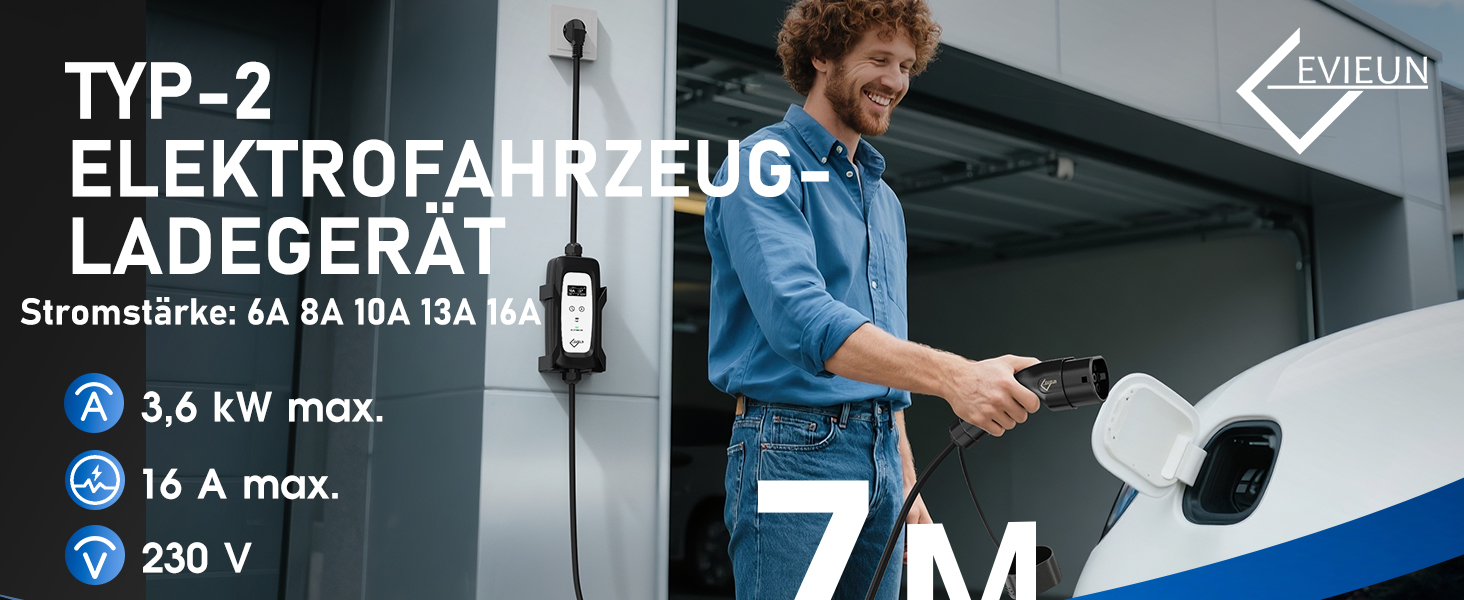 Кабель зарядки Schuko 3,6kW для електромобілів (5м, 6-16A) з регулюванням струму та дисплеєм | Сумісний з ID.3, ID.4, Model 3/Y, ZOE, Q3/Q5 та ін.