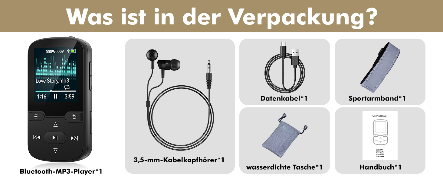MP3 плеєр Bluetooth 5.3 з кліпсою, HiFi спортивний плеєр для дітей з FM-радіо, диктофоном та крокоміром, 64GB, чорний