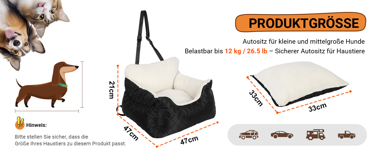 Автокрісло для собак Eikuavons - чорне, 47x47x21 см, з кишенями та шнуром для прив'язування