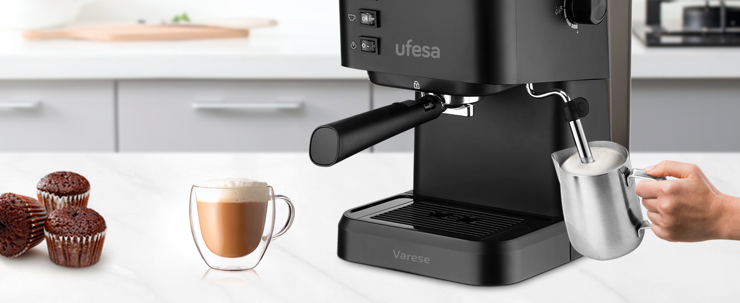 Ufesa Sienna Espresso Machine and Cappuccino Semi-Automatic Machine with Milk Frother, 20 Bar Pressure, Digital Touch Panel, 1360W, for Coffee Grounds or ESE Pads, 0.9L Water Tank, Silver (1050W | BLACK)