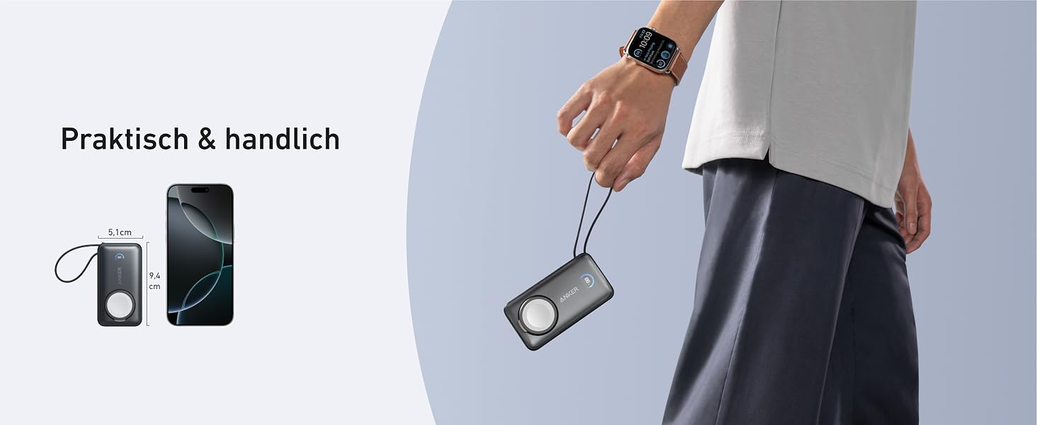 Повербанк Anker MagGo 10000mAh для Apple Watch та iPhone 17/16/15, Samsung, iPad, AirPods, 35W Max, вбудований кабель USB-C, сертифікований, чорний