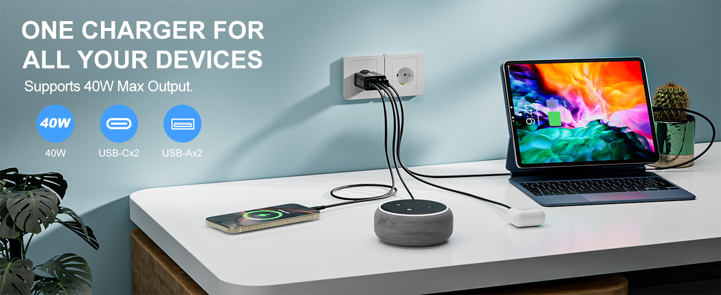 Подвійний зарядний пристрій USB-C 40W з 4 портами (USB-C та USB-A), PD 3.0, для iPhone, Samsung, iPad, Tablet, 2 шт., чорний