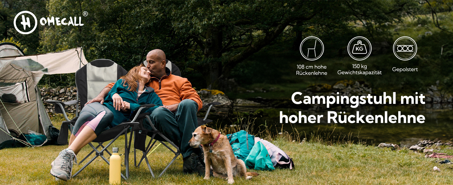 Зручний складаний стілець для кемпінгу Homecall з підлокотниками та підтримкою попереку, 150 кг, 108 см, чорний