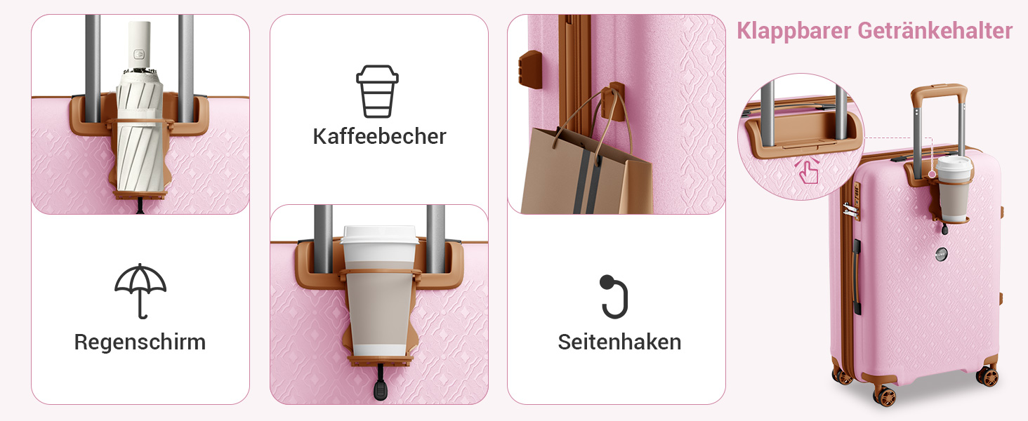 Чемодан KONO великий з підстаканником, жорсткий, легкий, з поліпропілену, розширюваний, на 4 колесах, з TSA замком, чорний/коричневий (рожевий/коричневий, XL)