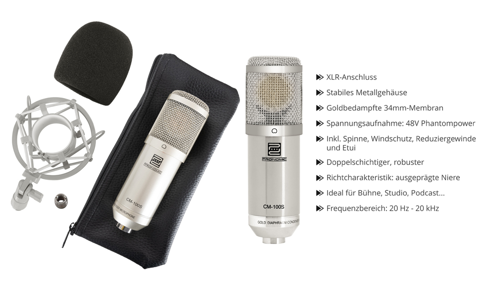 Pronomic CM-100S Студійний конденсаторний мікрофон XLR з поп-фільтром, павуком, кейсом та вітрозахистом, сріблястий