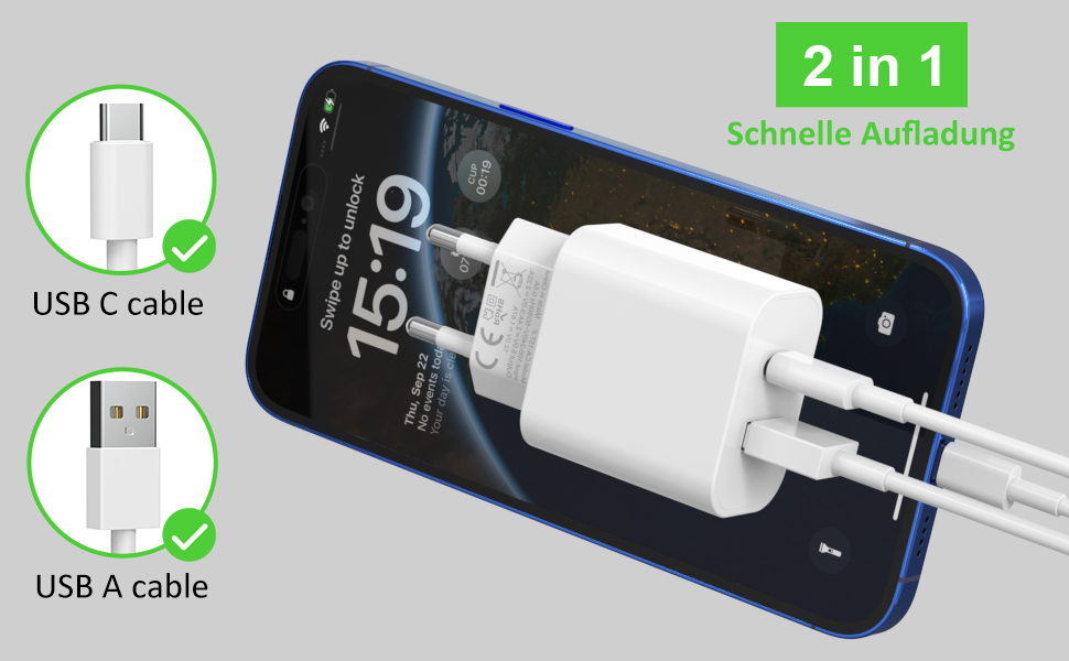 Зарядний пристрій USB-C 25W з адаптером USB [2 в 1] (2 шт.) для iPhone/iPad/навушників/телефону. Мережевий адаптер, багатофункціональний зарядний пристрій, підтримка PD 3.0, швидка зарядка, білий. Без кабелю.