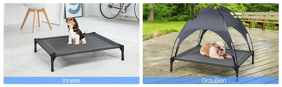 Лежанка для собак GOPLUS з дахом, піднята лежанка для тварин, лежанка для домашніх тварин з металевим каркасом, вологостійке собаче ліжко, котяче ліжко з сонцезахисним тентом, неслизькі накладки на ніжках, для використання в приміщенні та на вулиці (90x81x86 см), 1 шт.
