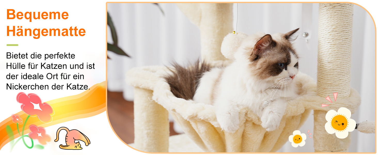 Котячий будиночок Heybly Kratzbaum: 100 см, з платформою, печерею, 2 гамаками та іграшками. Активний котячий будиночок, HCT006SG (Бежевий)