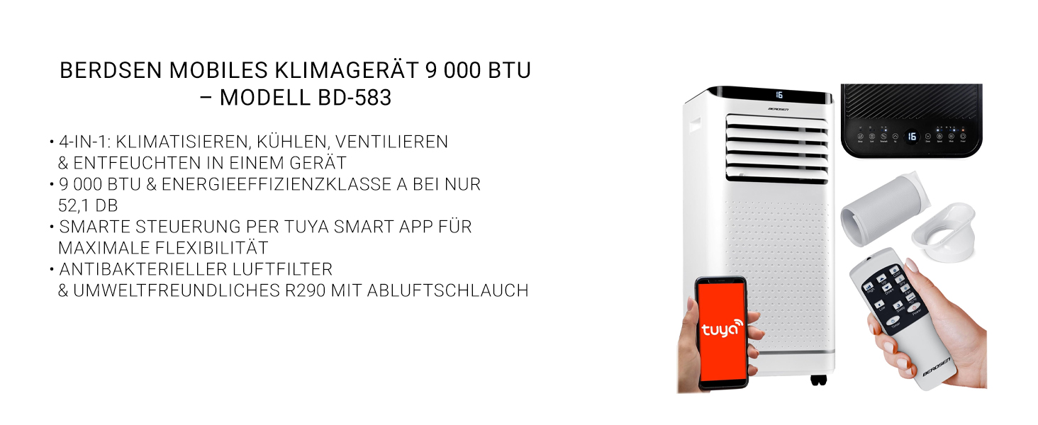 Мобільний кондиціонер Berdsen 5-в-1 10000 BTU: охолодження, осушення, вентиляція, авто- та нічний режими, керування Tuya Smart App, енергоефективний