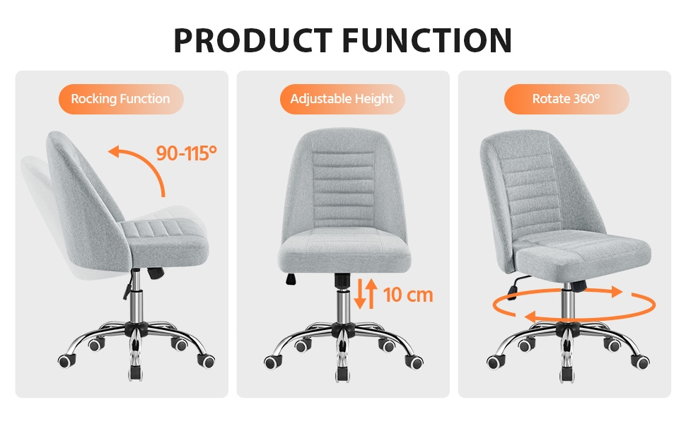 Офісне крісло Yaheetech без підлокітників, обертове з роликами, регульоване по висоті, для роботи та макіяжу (сірий, тканина)