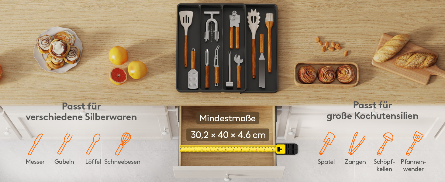 Органайзер для столових приборів Lifewit в шухляду, розширюваний 43.9 см, чорний, 30-44x40x4.6 см