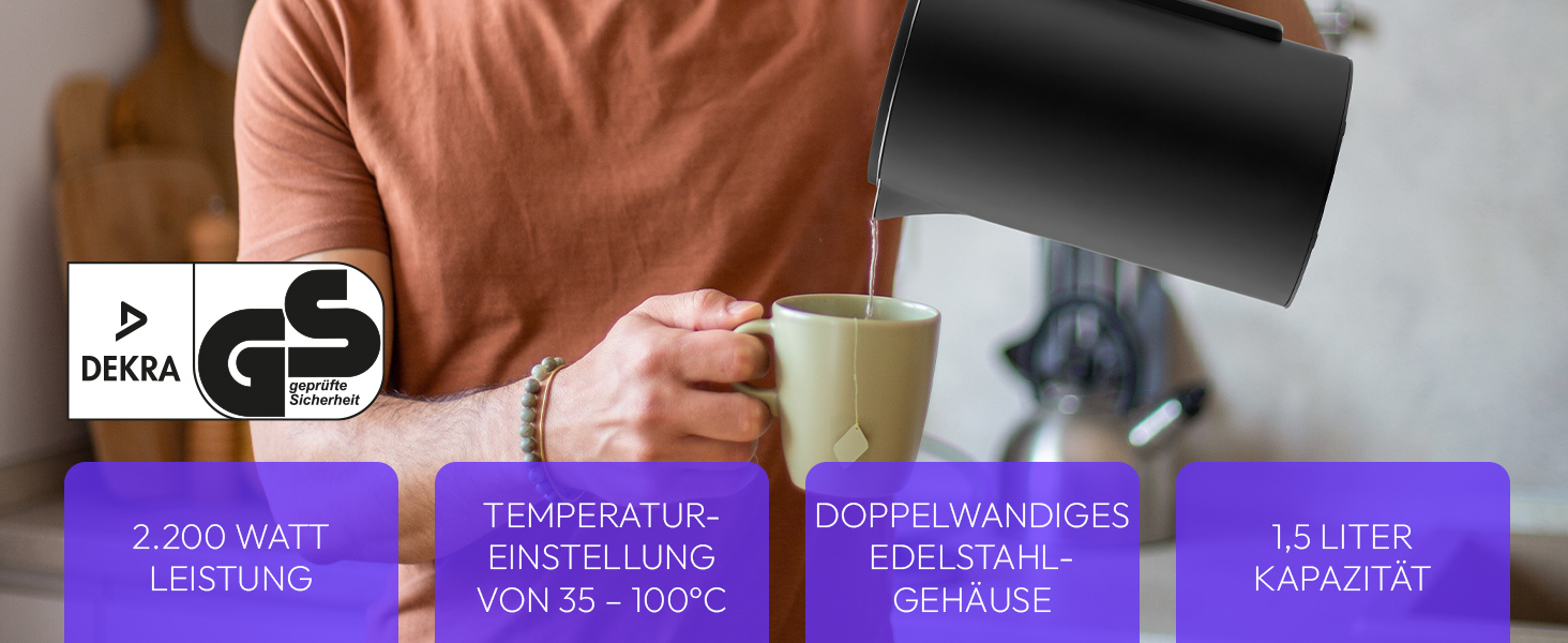 Електричний чайник MEDION LIFE MD12106, 2.2 кВт, 1.5 л, LED дисплей, LED підсвітка, автопрограми, захист від дітей, чорний