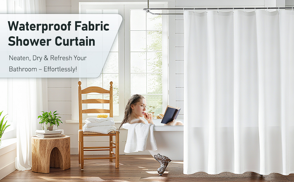 Шторка для душу Uniclife, біла, 180x180 см, тканинна, водонепроникна, з 12 гачками, з обтяженим краєм, для ванни