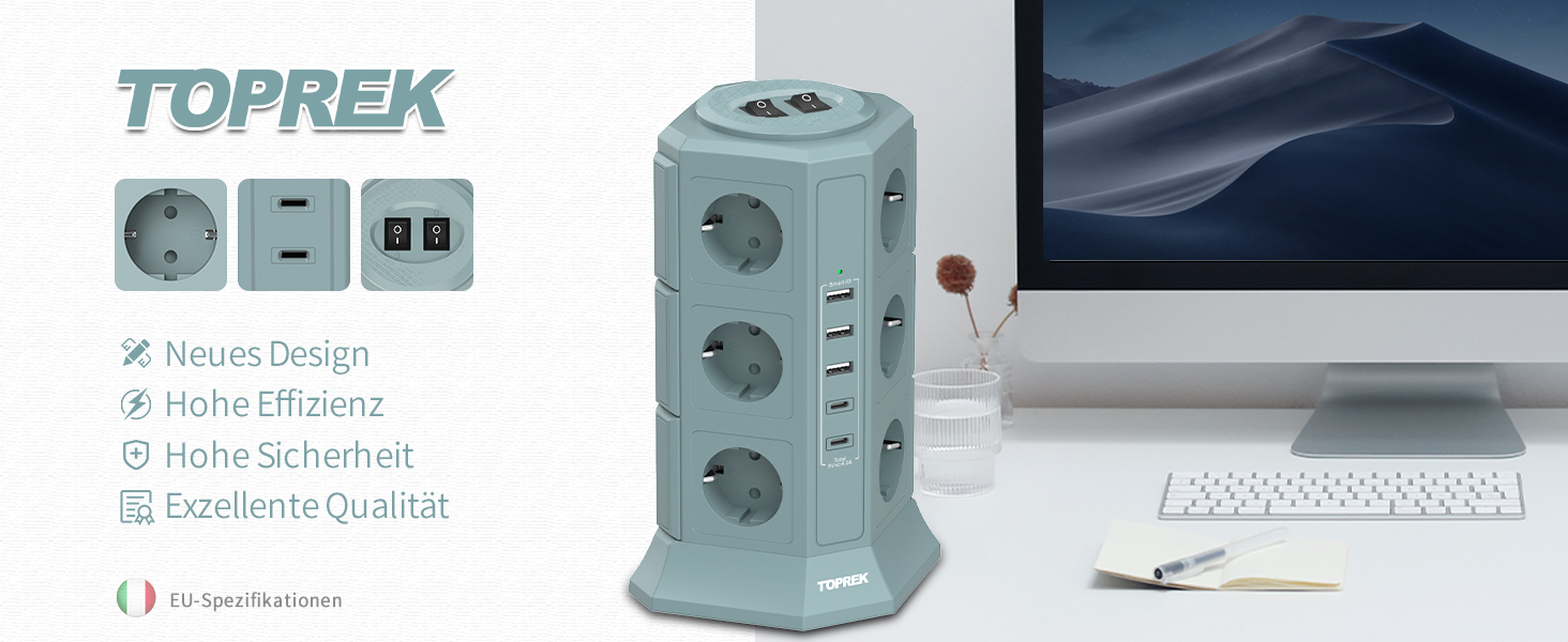 Мережевий фільтр TOPREK на 12 розеток з захистом від перенапруги, 3 USB-A та 2 USB-C портами, вимикачем, 3680 Вт, світло-зелений