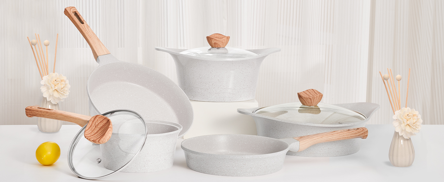 Набір посуду RIOVARM з індукційним дном, антипригарне покриття граніт, набір каструль та сковорідок з кришками, без PFOA, з ручками з імітацією дерева, сковорода, каструля, ковшик