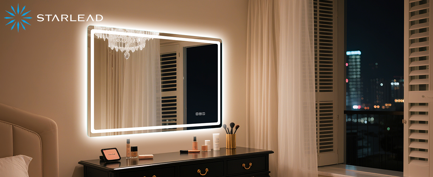 Дзеркало для ванної кімнати зі підсвічуванням STARLEAD 100x70 см з Bluetooth, антизапотівання, регулювання яскравості, 3 кольори світла, пам'ять, IP44, LED, горизонтальне/вертикальне, HD скло, Madrid Silver (M3015)