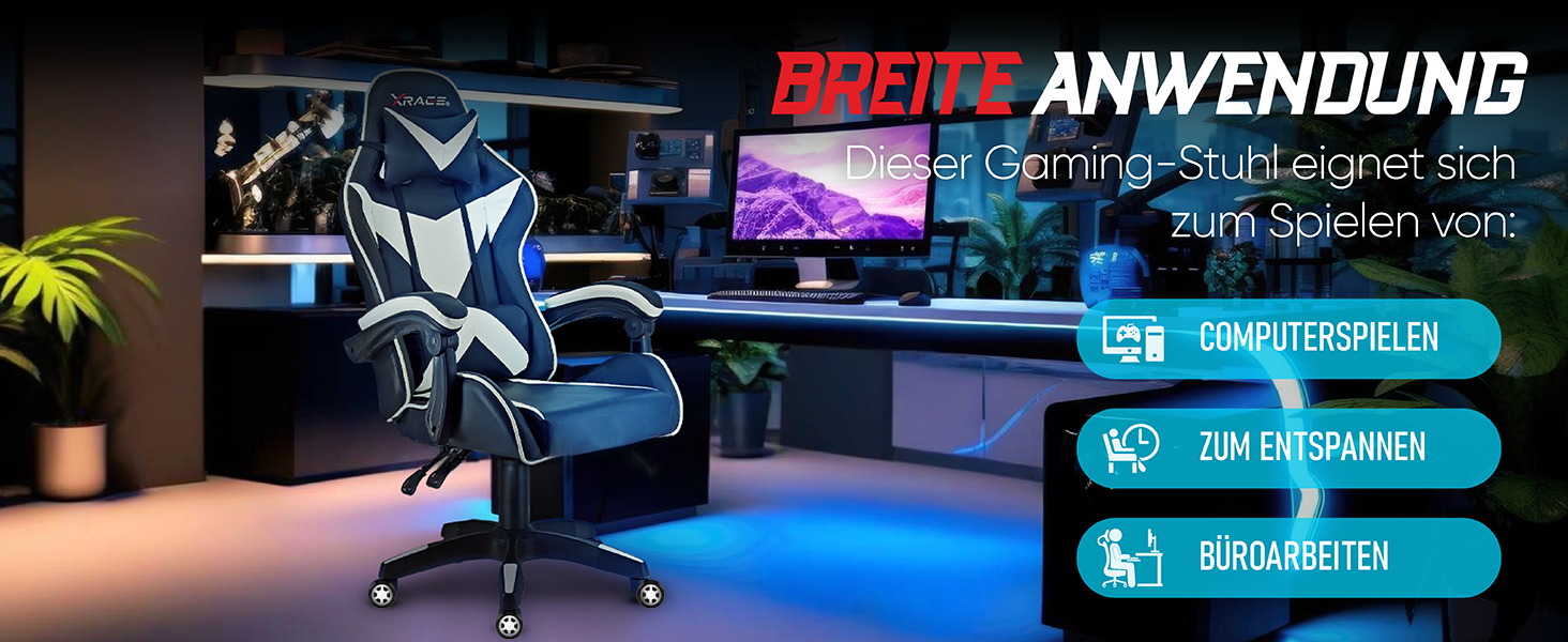 Ігрове крісло xRace Gaming: ергономічний офісний стілець з PU-шкіри та підтримкою попереку, синій (без підніжки)
