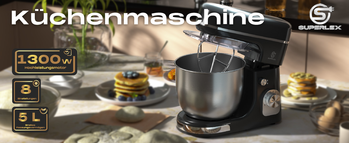 Кухонна машина SUPERLEX 3-в-1: міксер, тістоміс, блендер. 1300W, 5л чаша з нержавіючої сталі, 8 швидкостей, з набором насадок (крюк, вінчик, вінчик для збивання), захист від бризок. Для приготування тіста, випічки та десертів.