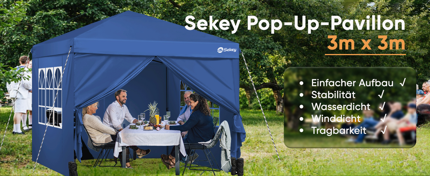Садовий павільйон Sekey One-Touch 3x3 м, водонепроникний та зимостійкий, складаний тент із посиленими трубами, намет для вечірок, кемпінгу, фестивалю, з бічними стінками, темно-синій