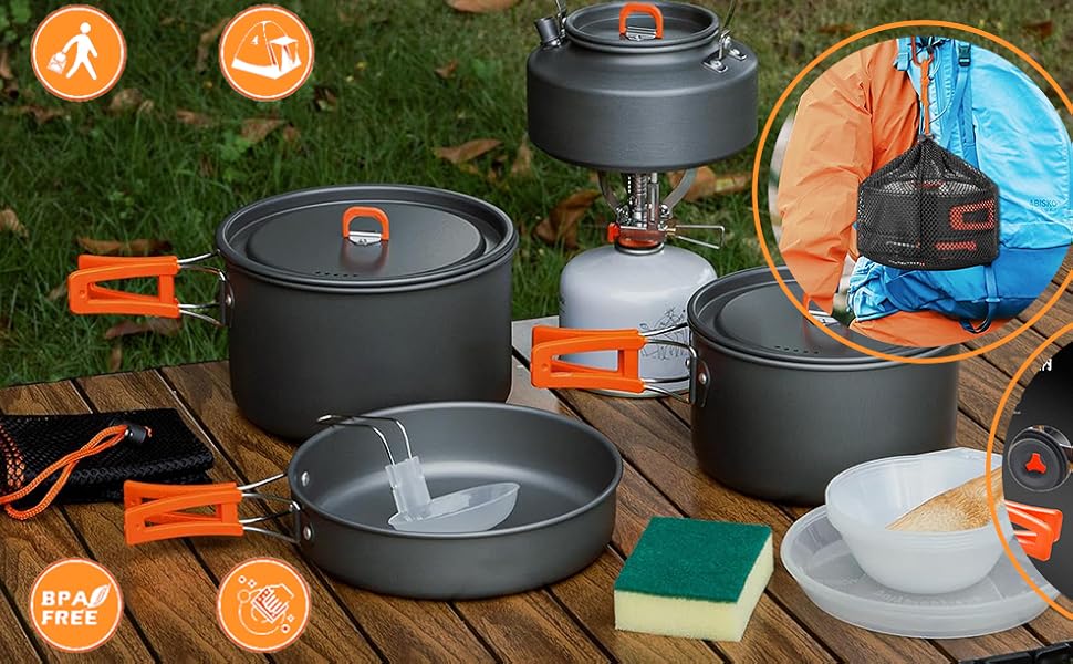 Набір кухонного посуду для кемпінгу, 10 предметів. Набір посуду для приготування їжі на відкритому повітрі, для 2-4 осіб. Плита, сковорода, чайник для пікніків, BBQ та походів
