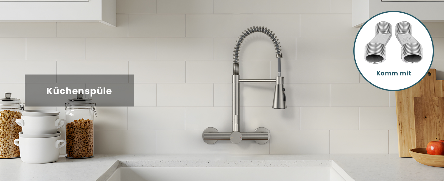 Змішувач кухонний настінний DAYONE з висувною лійкою, нержавіюча сталь, 3 режими, 360° обертання, відстань між отворами 15 см, матовий